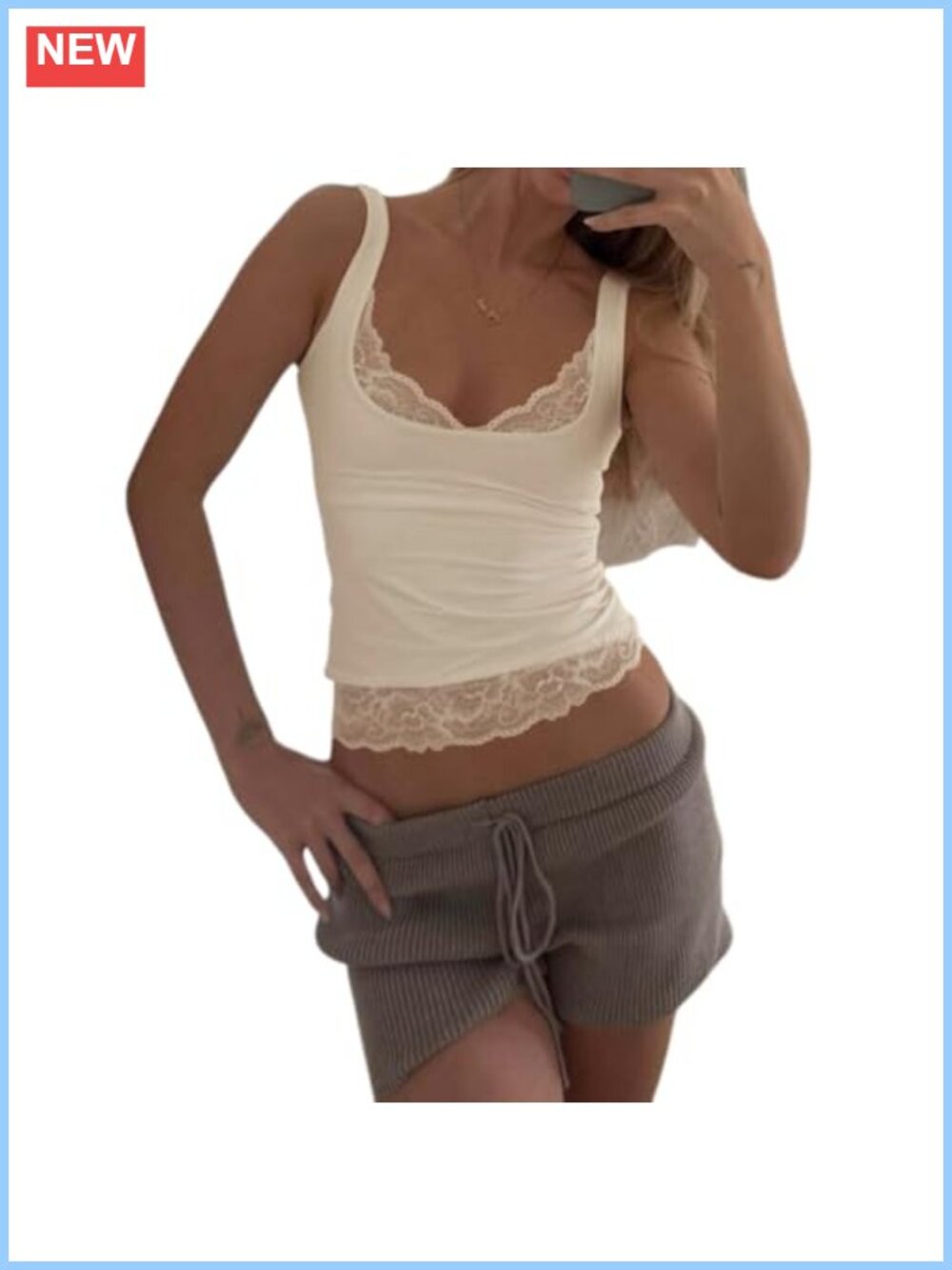 Lace Trim Cropped Tank Top Sleeveless Square Neck Slim Fit Camisole Summer Top